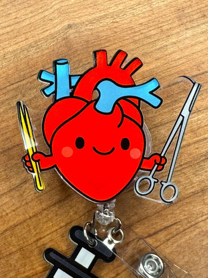 Cartoon Heart Badge Reel - Retractable Cardiology ID Holder